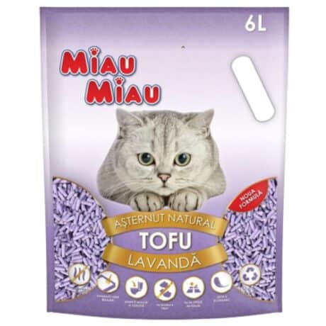 Asternut igienic aglomerant pentru pisici Miau Miau, tofu natural, lavanda, biodegradabil, 6 L
